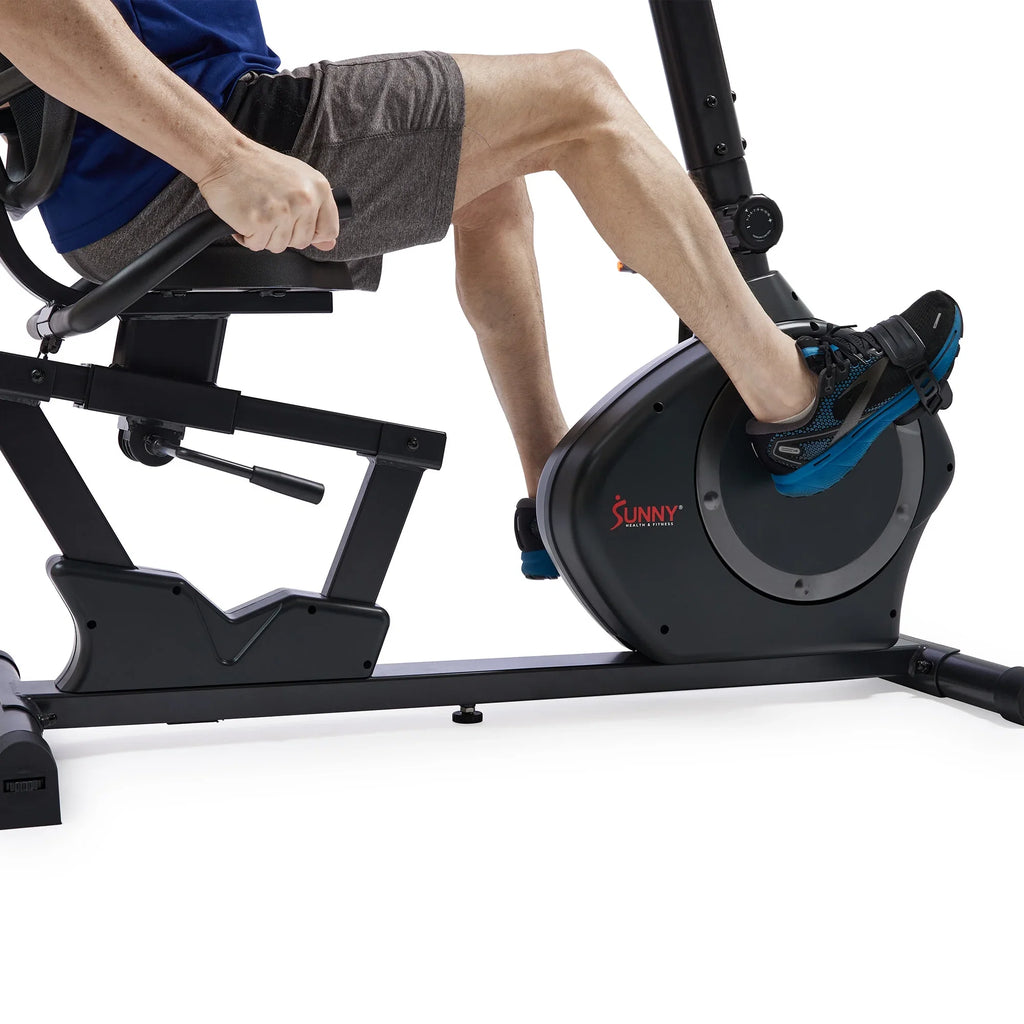 Sunny Health & Fitness Smart Recumbent Bike Exercise Machine, 350LB Capacity, Non-Crank Design, Cushion Seat for Adult/Seniors Workout at Home, Exclusive SunnyFit App Bluetooth Link - SF-RB424002
