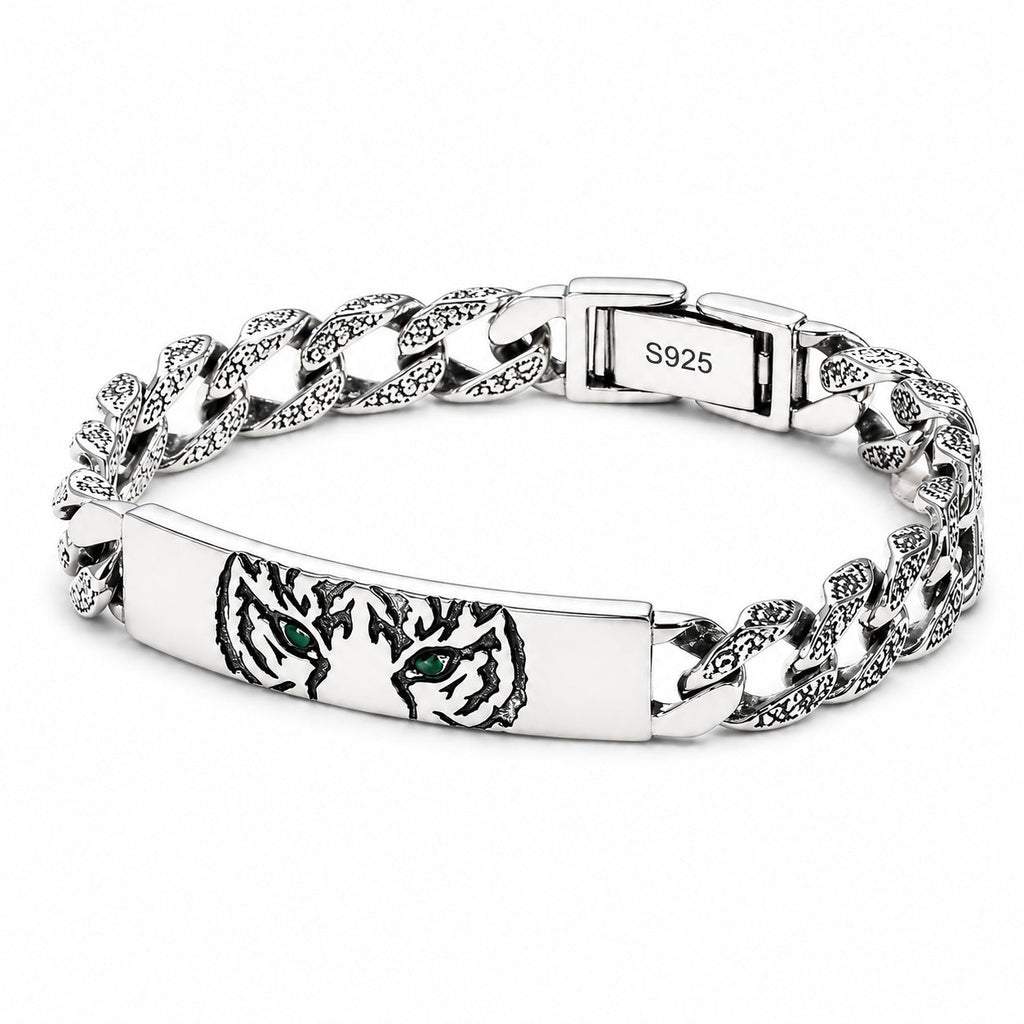 Vintage Engraved Tiger Head Curb Chain ID Bracelet For Men, Copper Plated Silver Inlaid Green CZ Eye Biker Punk Casual Wrist Jewelry Gift