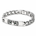 Vintage Engraved Tiger Head Curb Chain ID Bracelet For Men, Copper Plated Silver Inlaid Green CZ Eye Biker Punk Casual Wrist Jewelry Gift