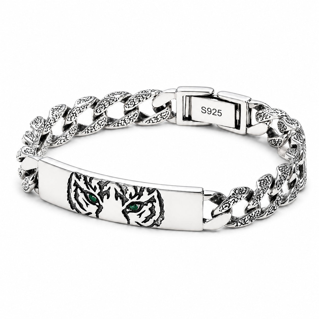 Vintage Engraved Tiger Head Curb Chain ID Bracelet For Men, Copper Plated Silver Inlaid Green CZ Eye Biker Punk Casual Wrist Jewelry Gift