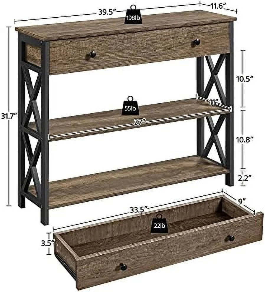 MQLIFEBOOM Console Table with Drawer Entryway Table with 3 Tier Shelves Narrow Long Sofa Table for Entryway Living Room Hallway Couch Kitchen Metal Frame Gray