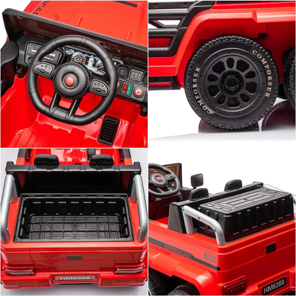 24V Ride On Car for Kids with 6 Wheel, 24V Battery Powered Ride On 4WD Electric Vehicle with Remote, Parental Rear Seat, 5-Point Safety Belt, Storage Space, Carrying Handle, Music, LED Lights (Red)