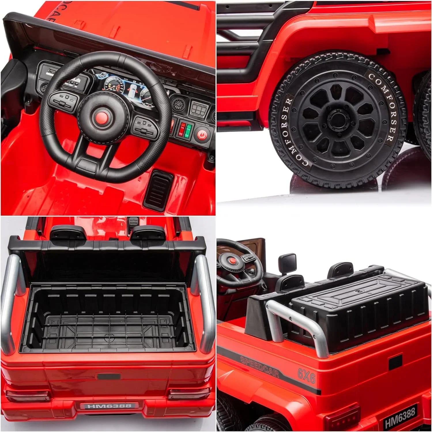 24V Ride On Car for Kids with 6 Wheel, 24V Battery Powered Ride On 4WD Electric Vehicle with Remote, Parental Rear Seat, 5-Point Safety Belt, Storage Space, Carrying Handle, Music, LED Lights (Red)
