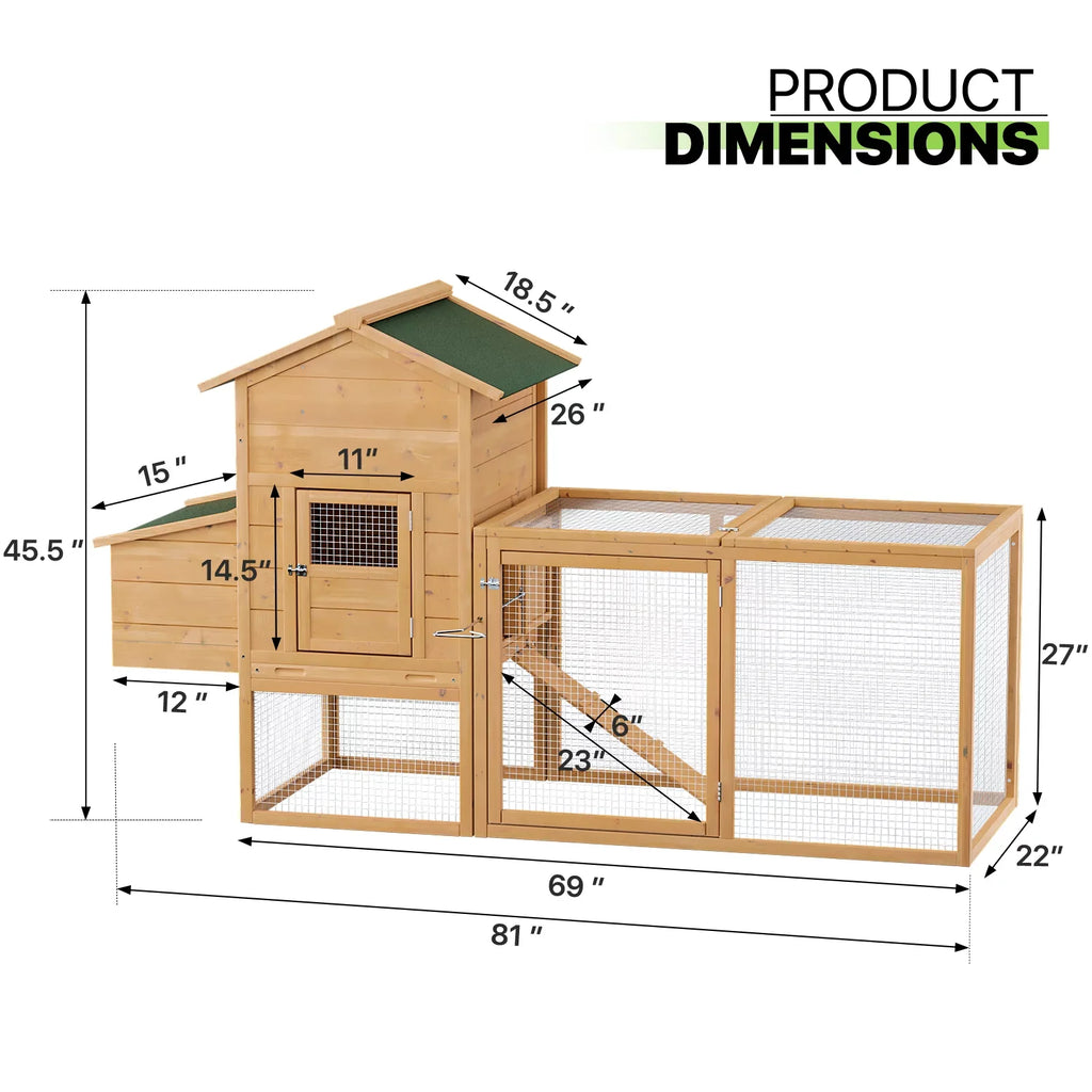 Magshion Outdoor Chicken Coop with Nesting Box, 80 inch Wooden Rabbit Hutch Poultry House with Run Cage, Slide-Out Tray and Waterproof Roof for Garden Backyard, Natural