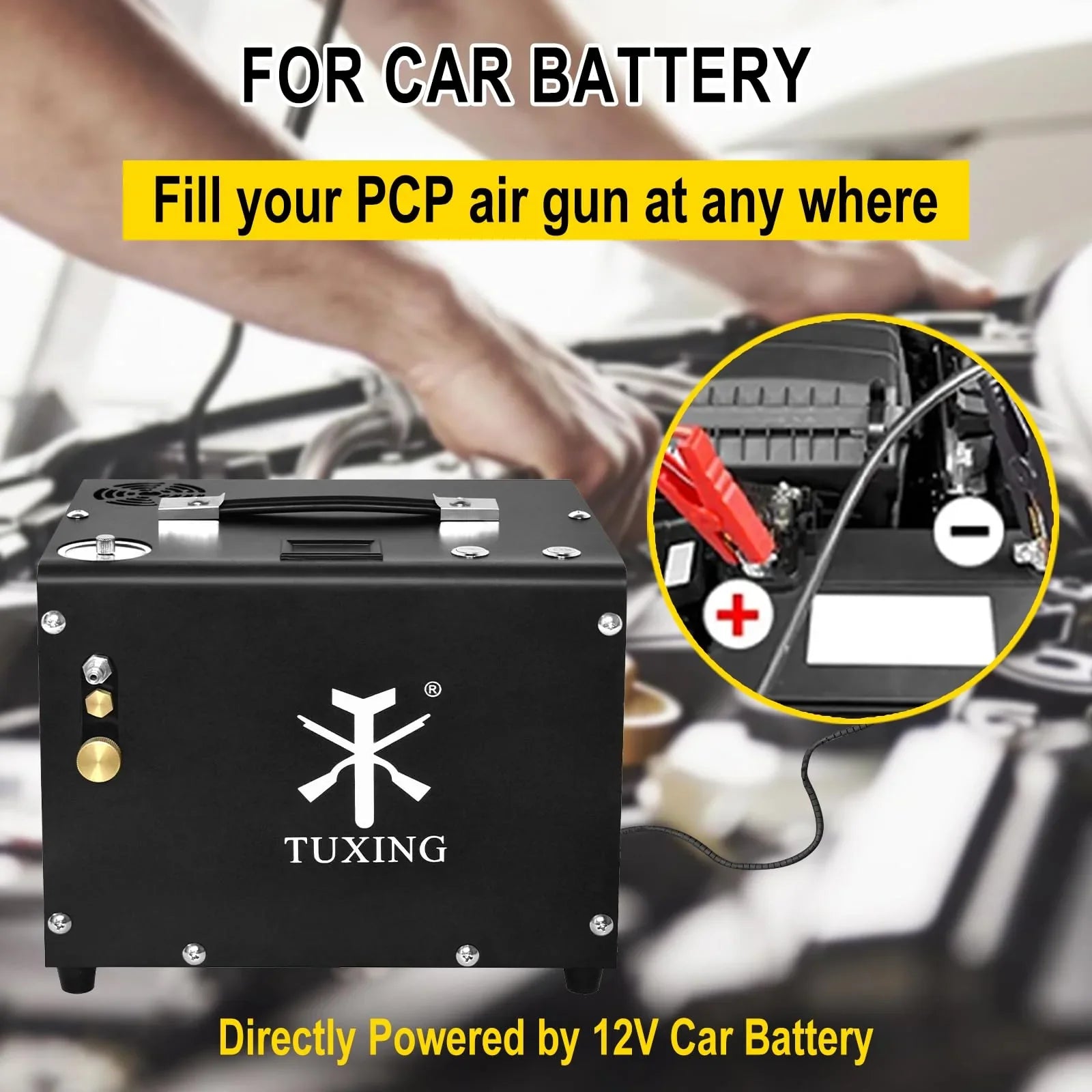 TUXING 4500Psi PCP Air Compressor,Auto-Stop,Oil/Water-Free, High Pressure Air Compressor for Paintball Tank Pump with Water/Oil Separator,Built-in Power Adapter(110V AC or 12V Car Battery)