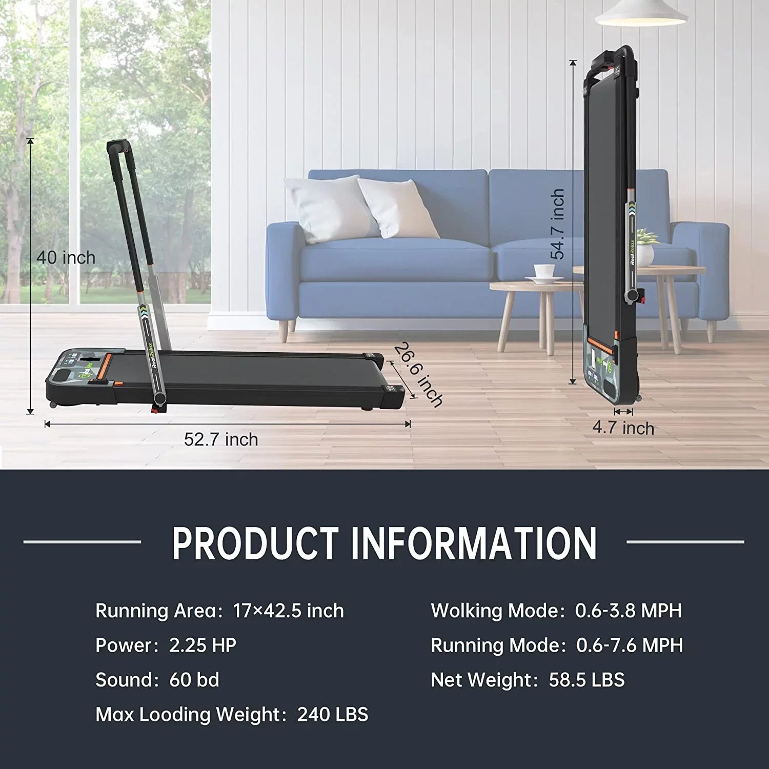 Real Relax 2 in 1 Folding Treadmill, 2.25HP Under Desk Electric Treadmill Walking Jogging Machine for Home Office