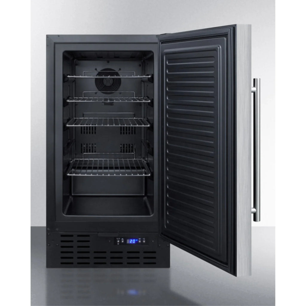 ADA compliant 18" wide frost-free freezer built-in or freestanding use, with stainless steel exterior, lock, and digital thermostat