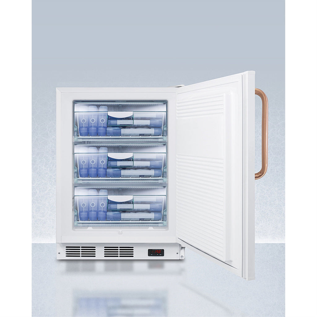 ADA compliant 24" wide all-freezer for built-in use, manual defrost with a copper handle
