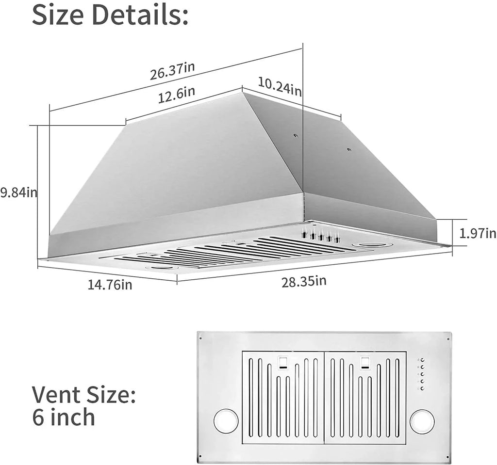 Range Hood 30 inch Insert Vent Hood 600 CFM Built-in Stainless Steel Range Hood