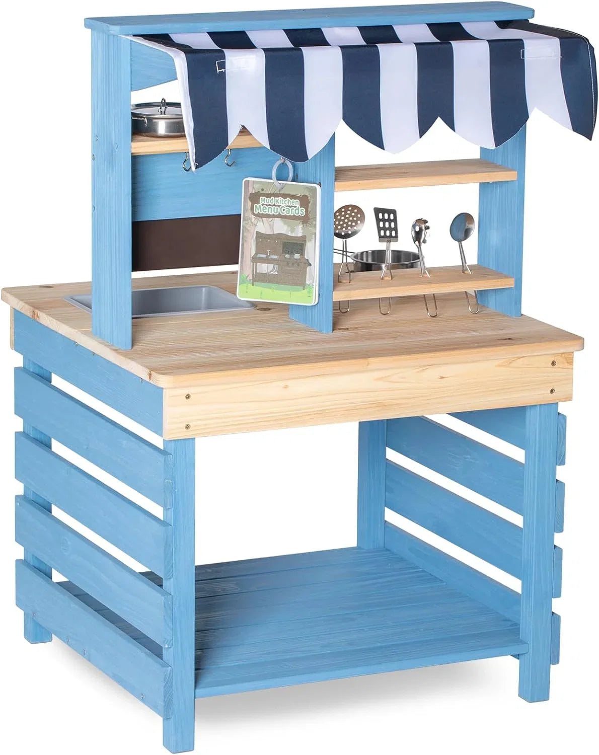 Brinjoy Kids Kitchen Playset, Double-Sided Wooden Outdoor Mud Kitchen w/Realistic Faucet, Removable Sink, Cooking Toys, Menu, Toddler Pretend Play Kitchen, Backyard Mud Table, Gift for Boys Girls