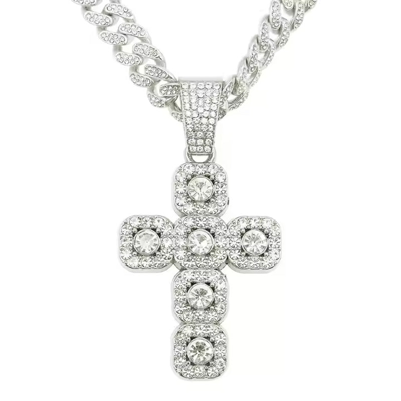 13mm Width Football Pendant Necklace,Full Diamond Cross Pendant Necklace, 3D Diamond Gold Zinc Alloy Stainless Steel Religious Zircon