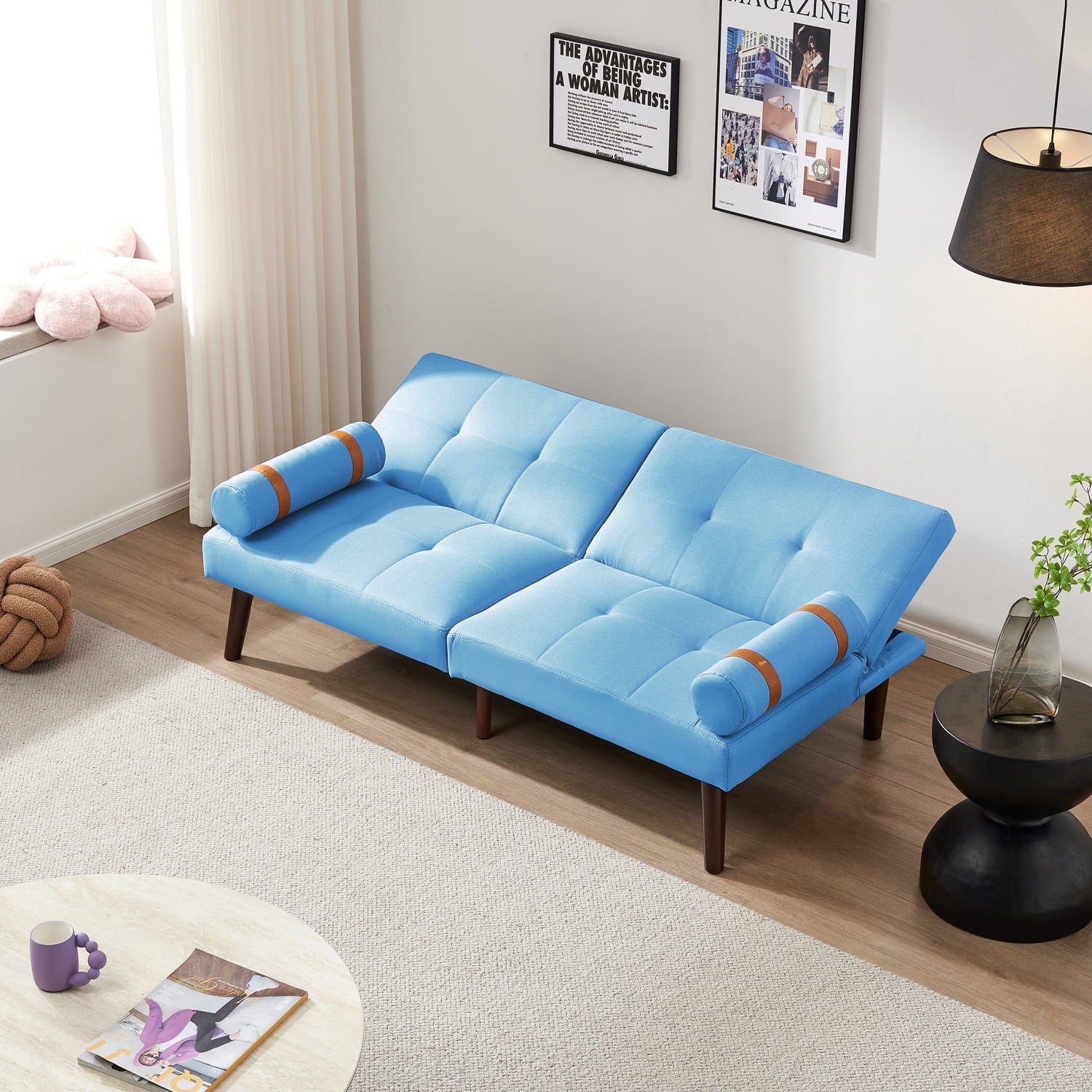 Blue Linen Modern Convertible Futon Sofa Bed with Solid Wood Legs for Versatile Sleeping Options and Stylish Living Room Decor.