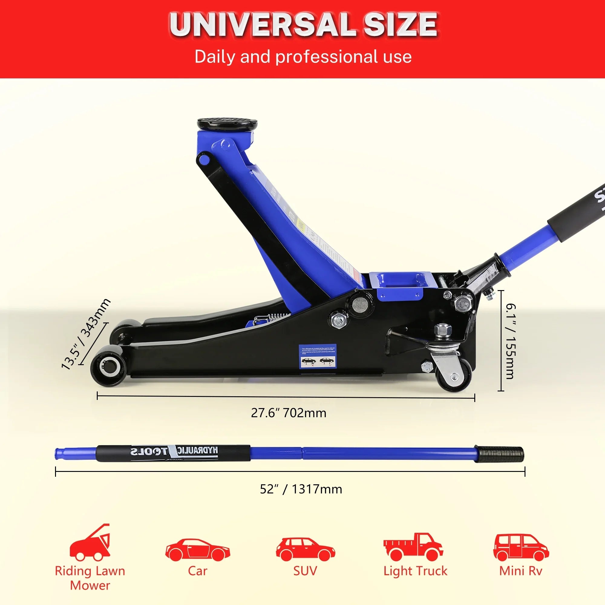 Seizeen Low Profile Floor Jack, 3 Ton(6600 lbs) Trolley Jack Dual Lift Pump, Quick Lift 3.3''-19.7'', Heavy-Duty Steel Jack with 52''L Extended Handle, Car Jack w/Wheels, Rubber Saddle