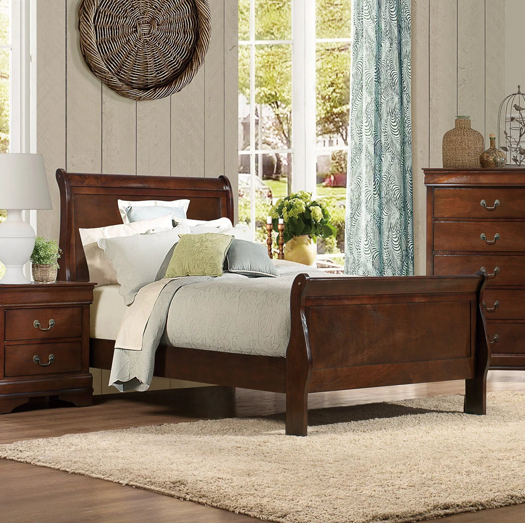 Homiyad Classic Louis Philipe Style Twin Size Bed Brown Cherry Finish 1Pc Traditional Design Bedroom Furniture Sleigh Bed