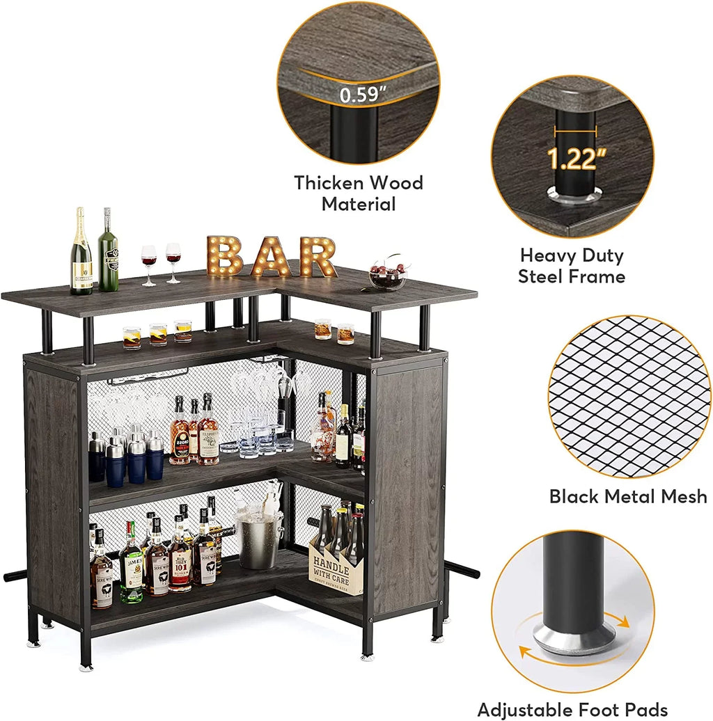 FJU Home Bar Unit, L-shaped Bar Table with Stemware Racks and 2-tier Shelves, Corner Mini Coffee Liquor Cabinet with Footrest for Home/Kitchen/Pub, Gray