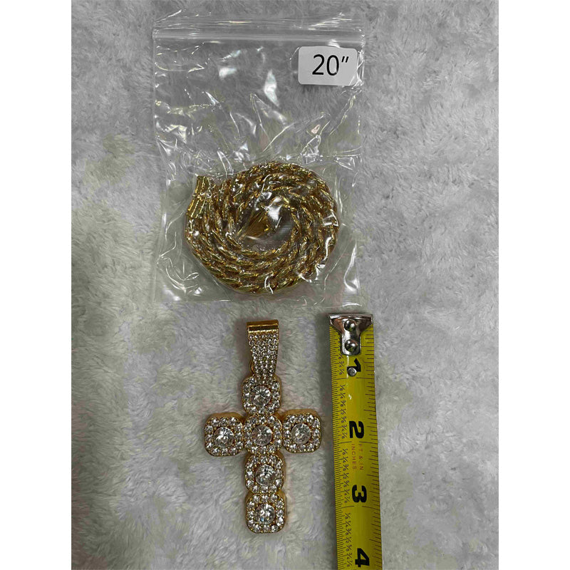 13mm Width Football Pendant Necklace,Full Diamond Cross Pendant Necklace, 3D Diamond Gold Zinc Alloy Stainless Steel Religious Zircon
