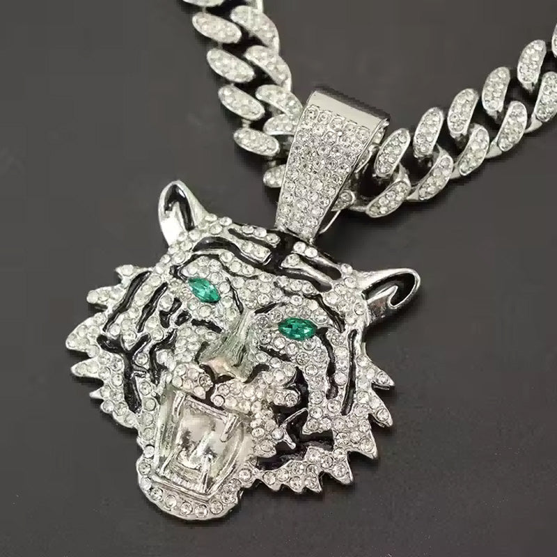 13mm Width Football Pendant Necklace,Hip Hop Green Eyes Tiger Head Pendant Necklace 3D Diamond Gold Zinc Alloy Stainless Steel Religious Zircon