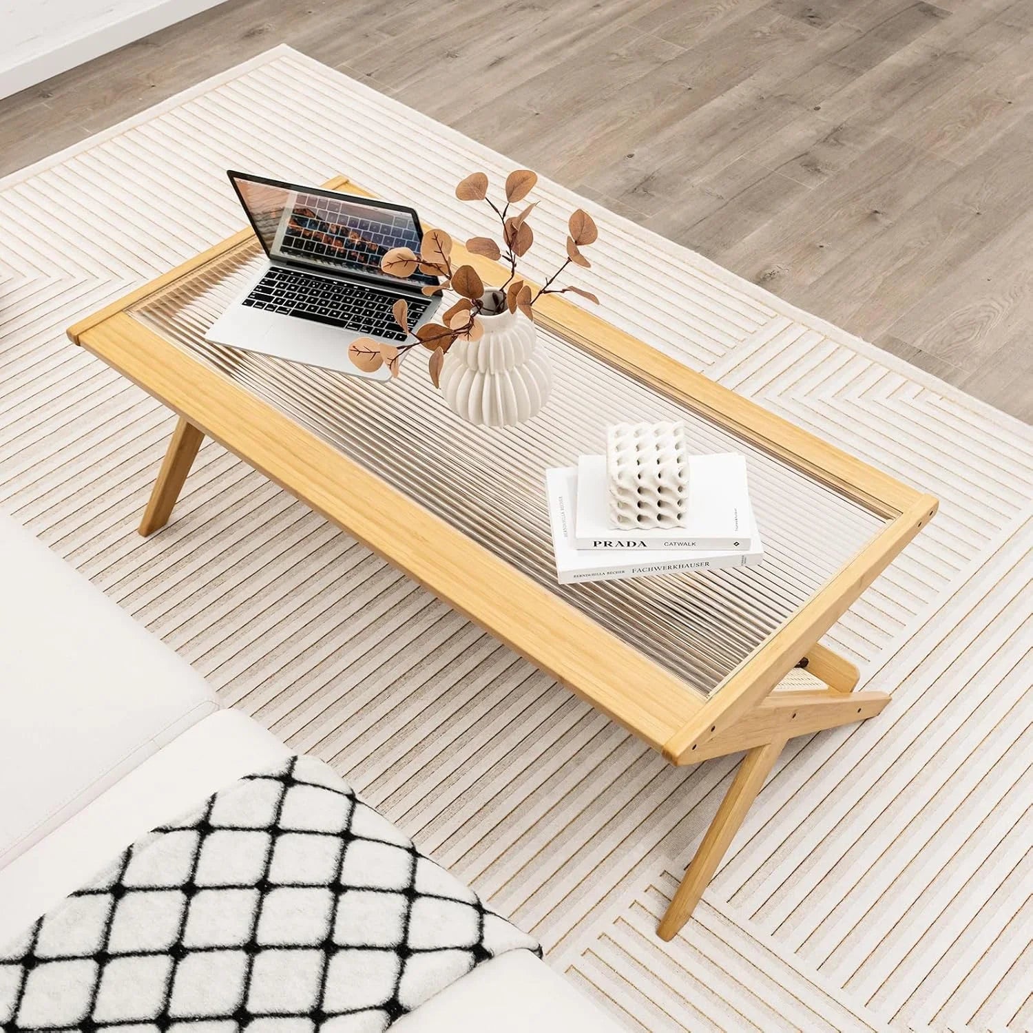 Bamboo Coffee Table, 2-Tier Rectangular Coffee Table with Glass Tabletop, Modern Center Table with Handwoven Rattan Storage Shelf, 48” Tea Table Cocktail Table for Living Room, Office, Natural