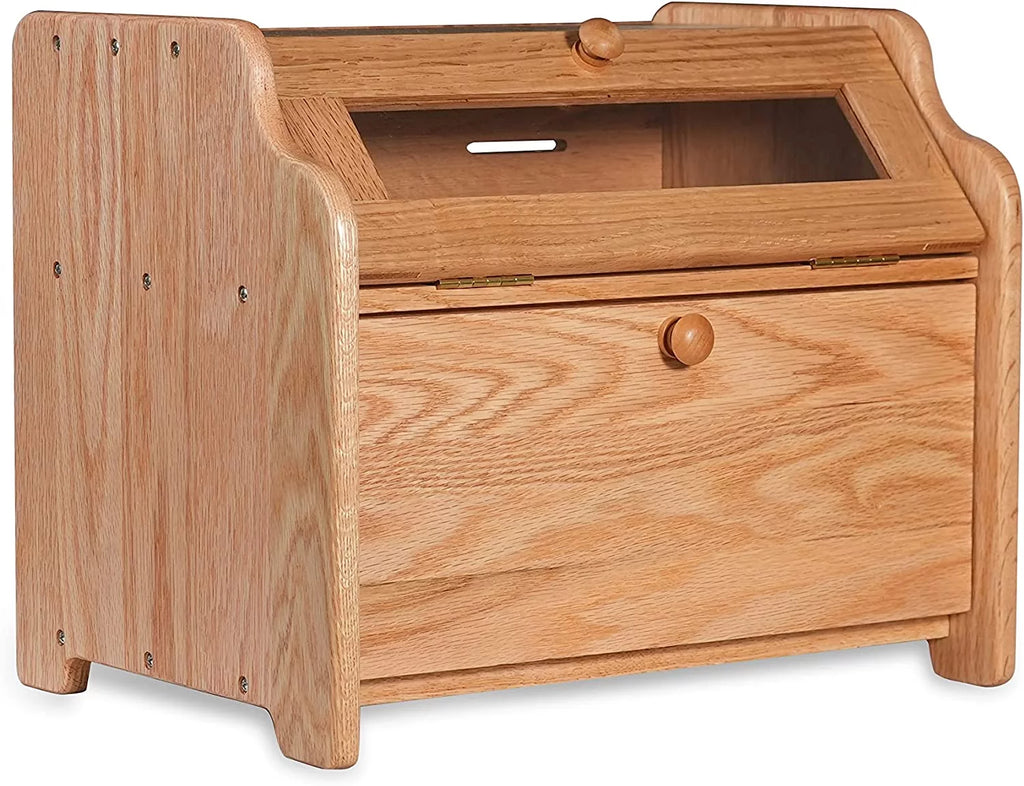 Bread Box, Solid Wood Oak Bread Box for Kitchen Countertop, Double Layer Bread Container for Bread Storage, Large Capacity Breadbox with Clear Window, Nature