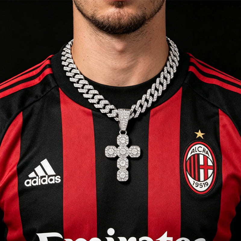 13mm Width Football Pendant Necklace,Full Diamond Cross Pendant Necklace, 3D Diamond Gold Zinc Alloy Stainless Steel Religious Zircon