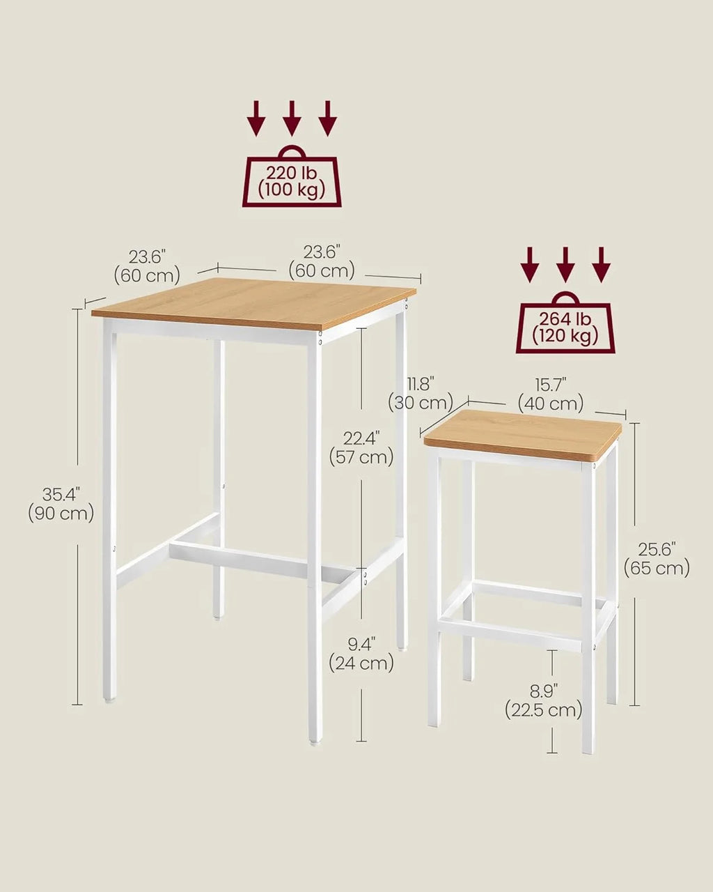 Bar Table and Chairs Set, Square Bar Table with 2 Bar Stools, Dining Pub Bar Table Set for 2, Space Saving for Kitchen Breakfast, Living Room, Party Room, Golden Oak and Cloud White