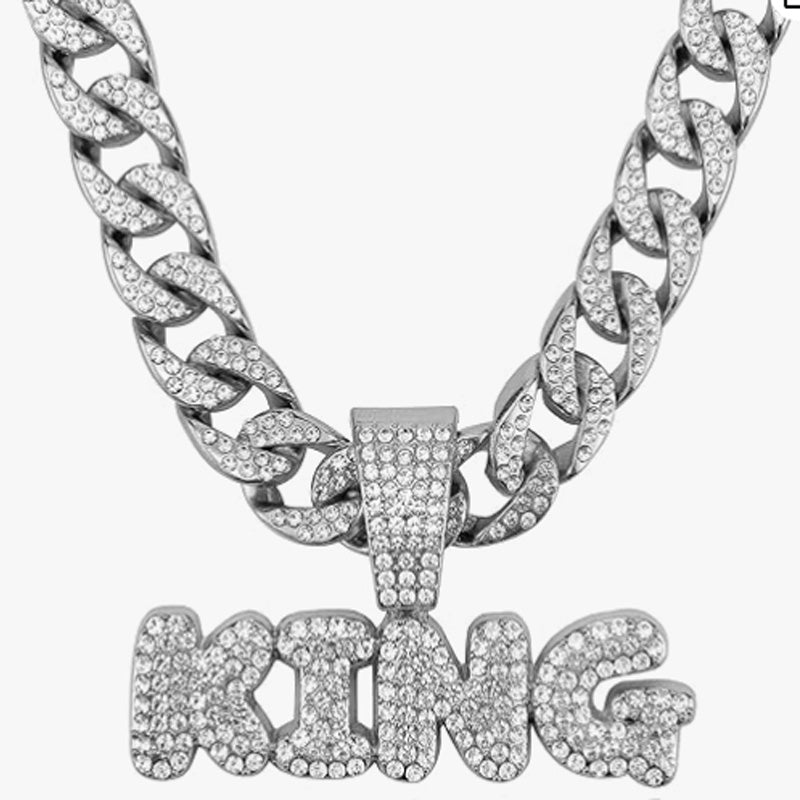 13mm Width Football Pendant Necklace,Full Diamond King Fashion Pendant Necklace, 3D Diamond Gold Zinc Alloy Stainless Steel Religious Zircon