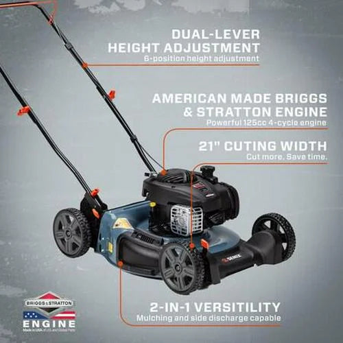 21-Inch 125 cc 4-Cycle Gas Powered Push Lawn Mower, Mulch and Side Discharge, Dual Lever Height Adj.