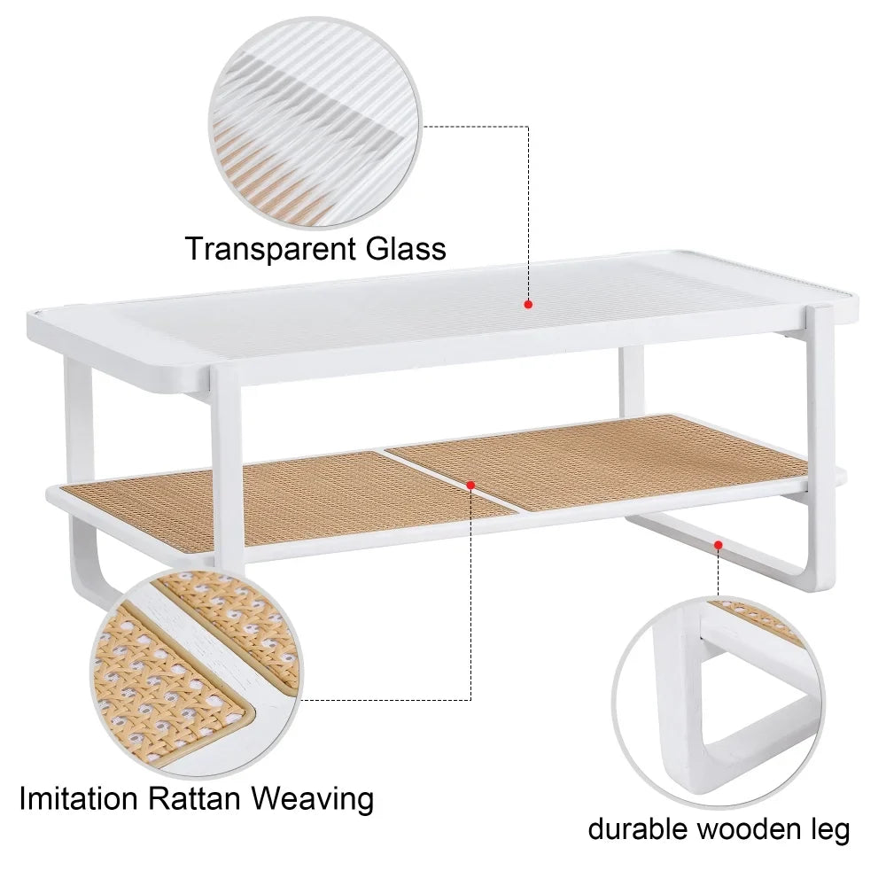 Glass Top, Imitation Rattan Side Table. Modern Minimalist White Double-walled Solid Wood Coffee Table. Rectangular Tables for Living Rooms, Dining Rooms and Bedrooms