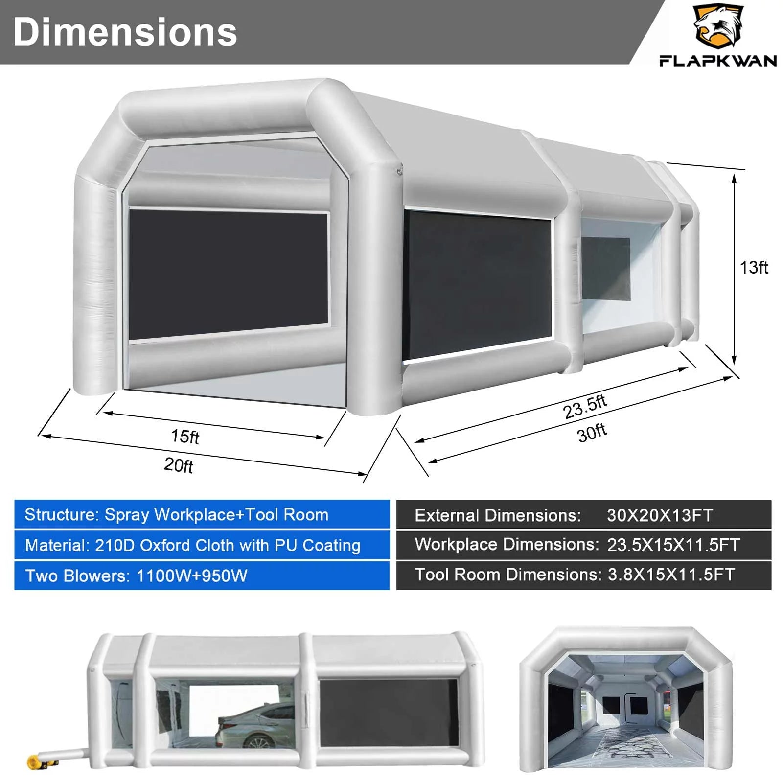 FLAPKWAN 30X20X13FT Inflatable Paint Booth with High-Power Blowers 1100W+950W, Professional Car Painting Workstation Portable Spray Paint Booth with Oversized Air Filter System