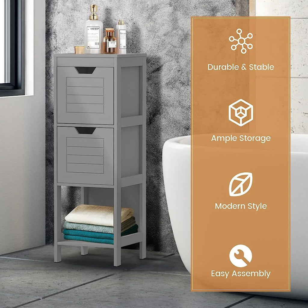 Bathroom Storage Cabinet, Freestanding Wooden Side Storage Cabinet with 2 Adjustable Drawers, Space-Saving Floor Cabinet for Living Room Bathroom Bedroom Entryway (Grey)