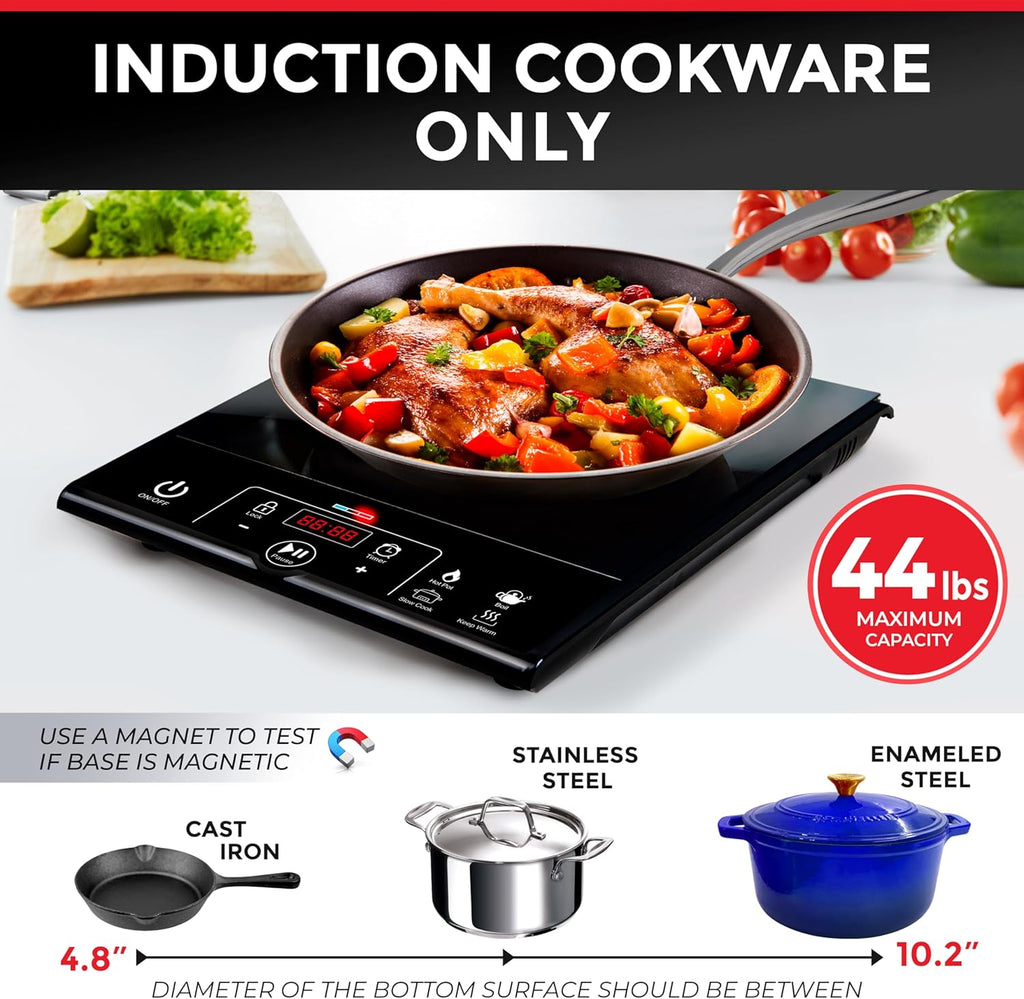 RapidTherm Portable Induction Cooktop Hot Plate Countertop Burner 1800W, 8 Temp Levels, Timer, Auto-Shut-Off, Touch Panel, LED Display, Auto Pot Detection, Child Safety Lock, 4 Preset Programs