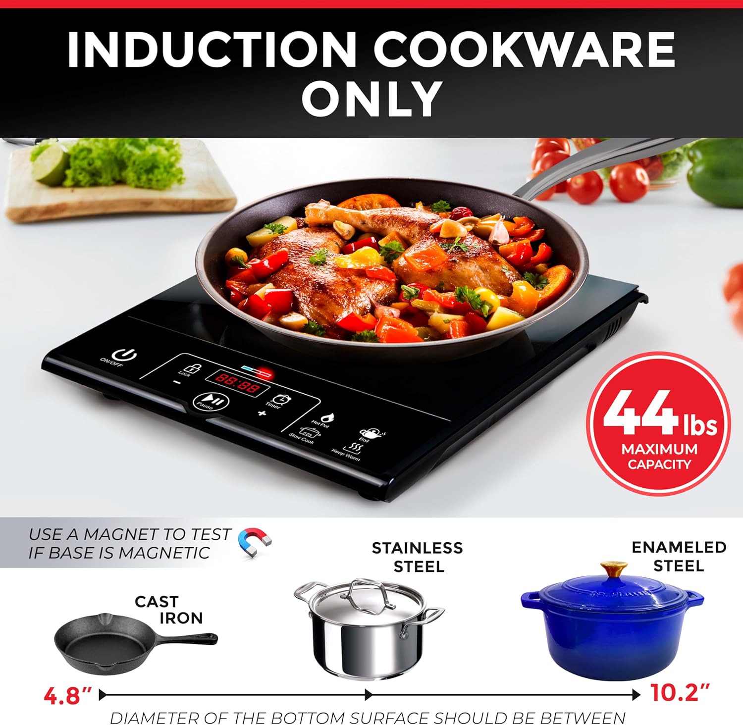 RapidTherm Portable Induction Cooktop Hot Plate Countertop Burner 1800W, 8 Temp Levels, Timer, Auto-Shut-Off, Touch Panel, LED Display, Auto Pot Detection, Child Safety Lock, 4 Preset Programs