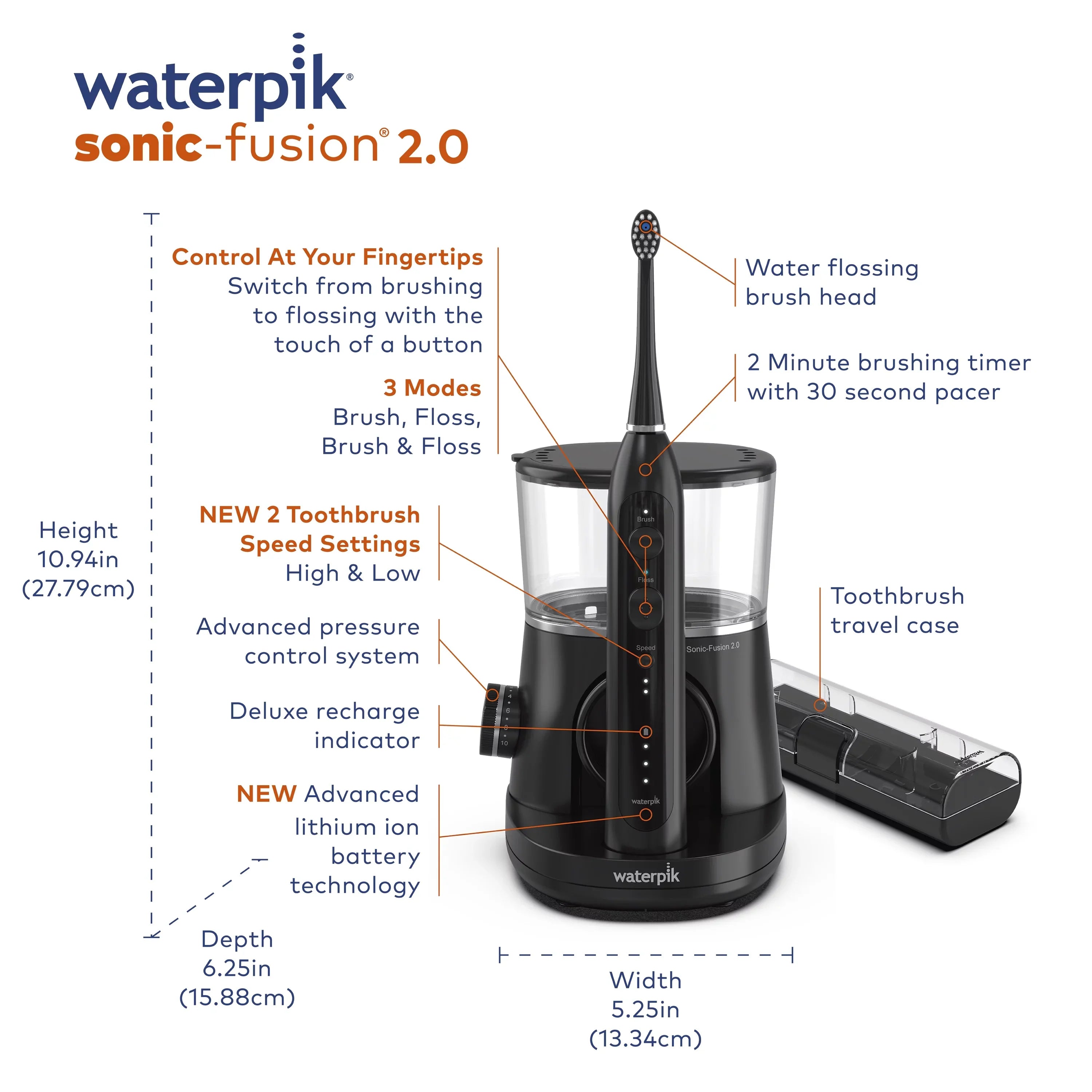 Waterpik Sonic-Fusion 2.0 Flossing Electric Toothbrush Set, 5 Brush Heads, Black