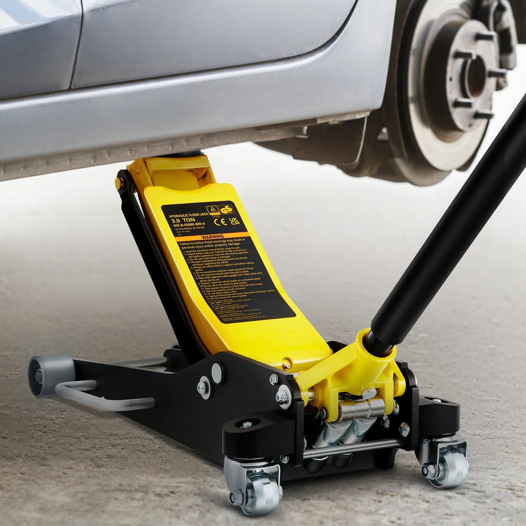 SKYSHALO Low Profile Floor Jack 3 ton (6600 lbs), Dual Piston Quick Lift Pump, 19-11/16"-3-6/11" Height Lifting Range, Yellow+Black, Aluminum and Steel Hydraulic Racing Floor Jack