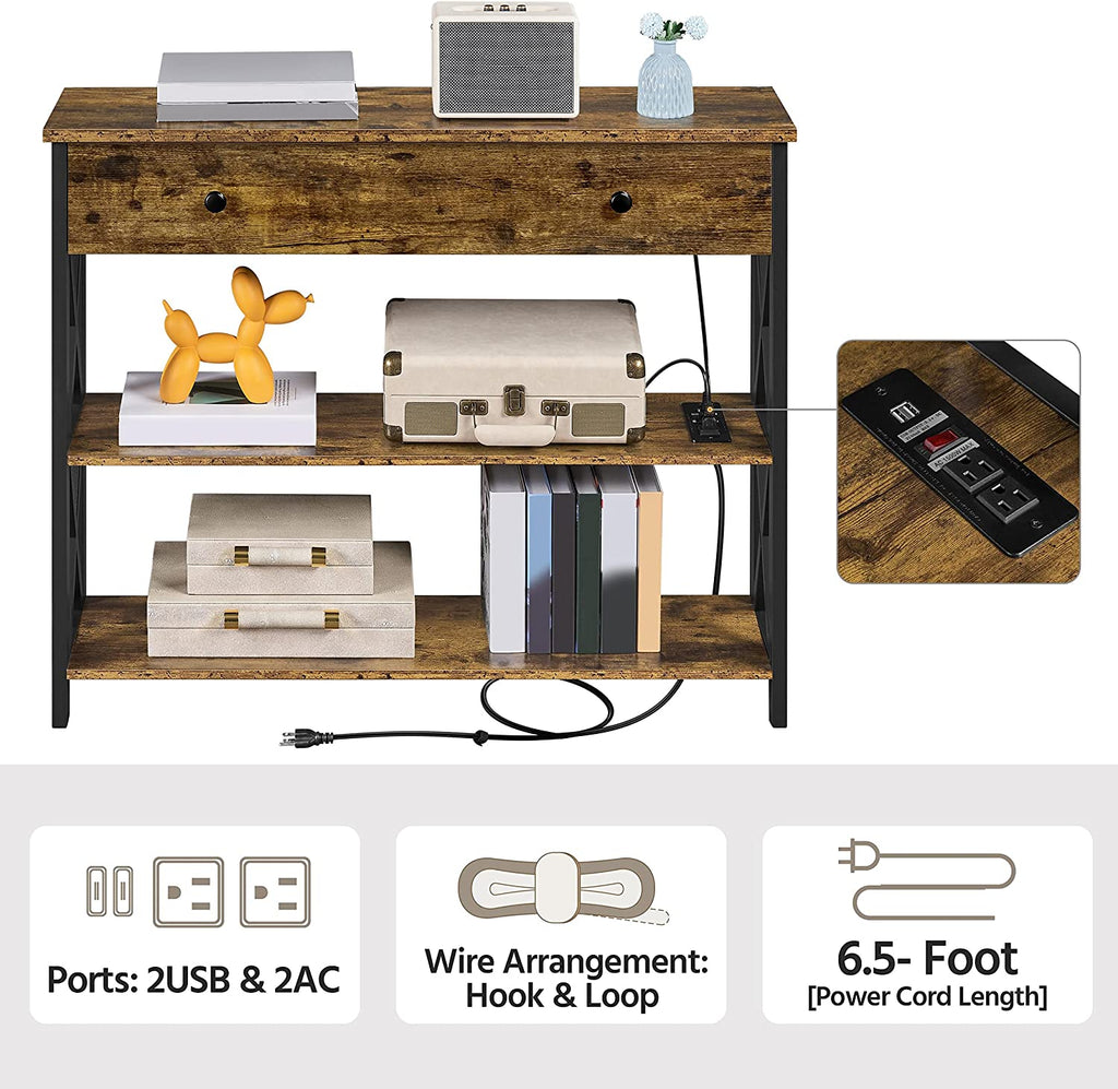 Console Table with Drawer, Entryway Table with 3 Tier Storage Shelves, Narrow Long Sofa Table for Entryway, Living Room, Hallway, Couch, Kitchen, Metal Frame, Rustic ftp