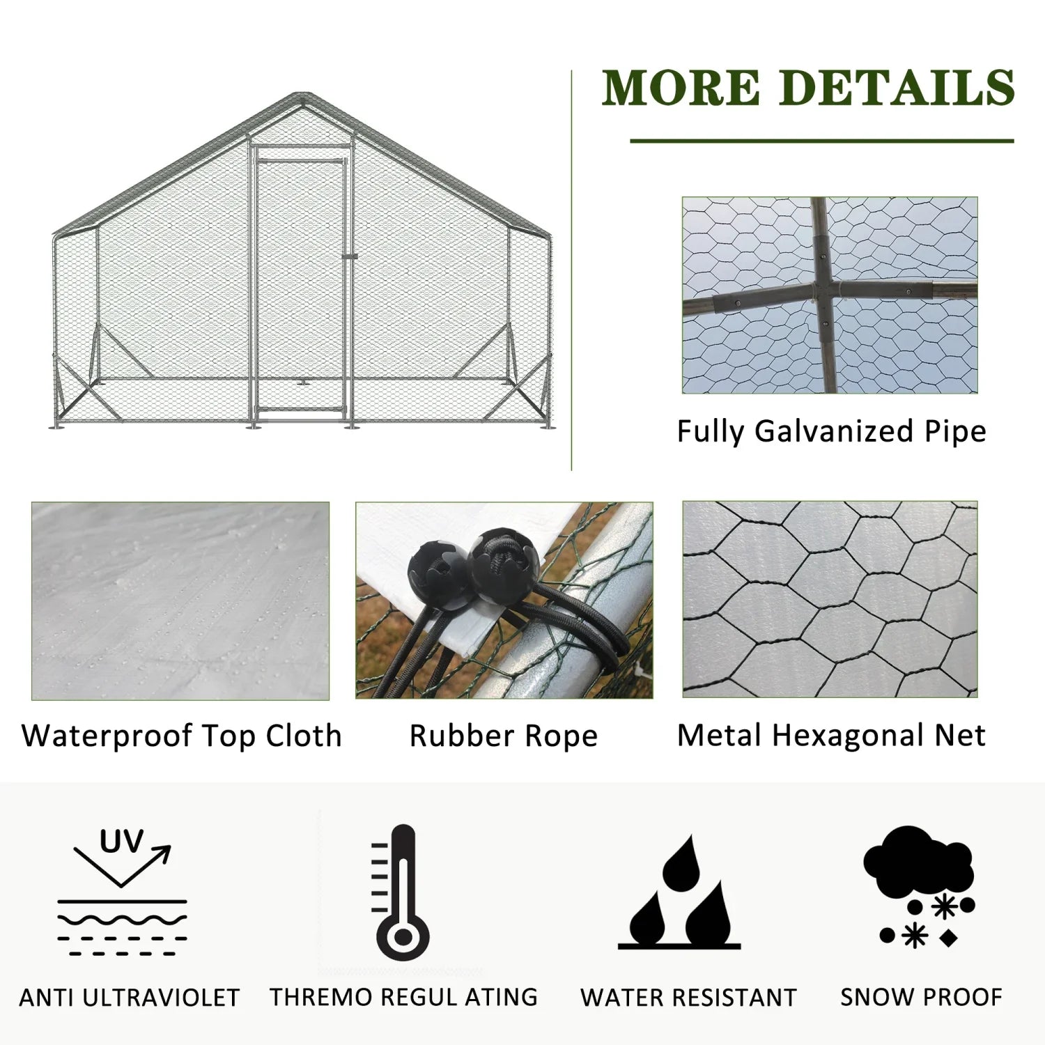 Spacious Large Galvanized Metal Chicken Coop with Waterproof and Anti-Ultraviolet Cover Walk-in Chicken Run and Hen Pen Cage for Rabbits and Ducks Outdoor Wire Poultry Cages (10‘ L x 6.