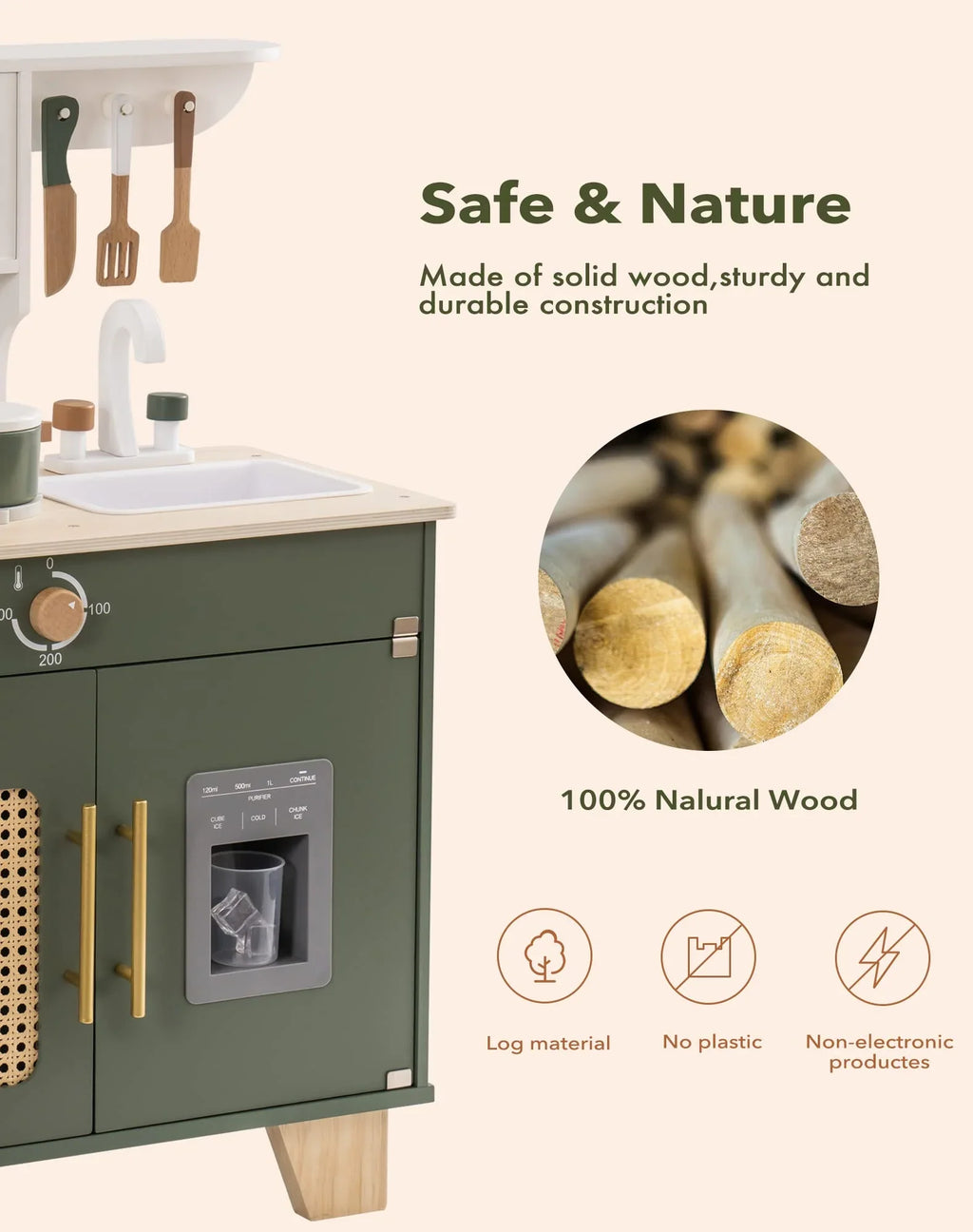 Robud Kids Kitchen Play Set with Ice Maker for Toddler, Pretend Playset Wooden Toy for Kids Age 3+ ,Vintage Green