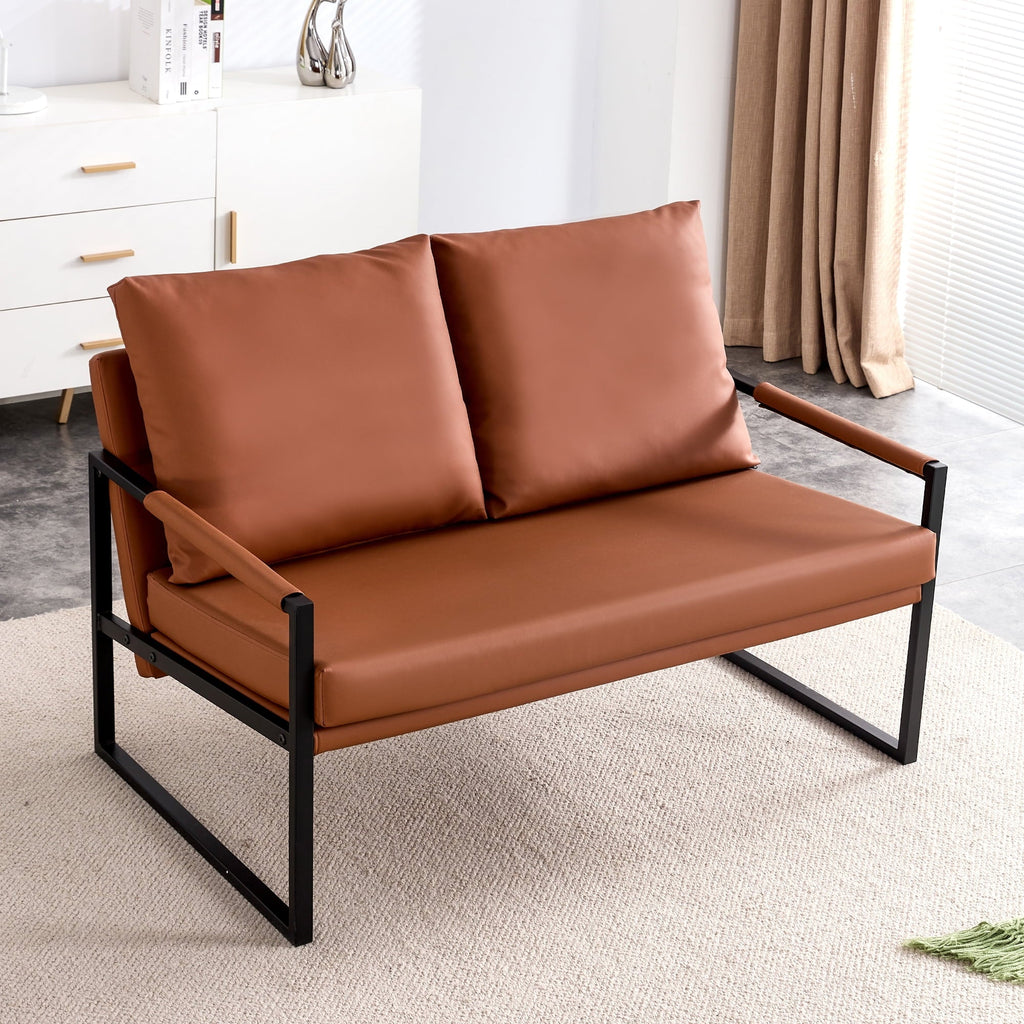 Wasait modern two-seater sofa chair with 2 pillows-PU leather, high-density foam, black coated metal frame. Brown SF-D008