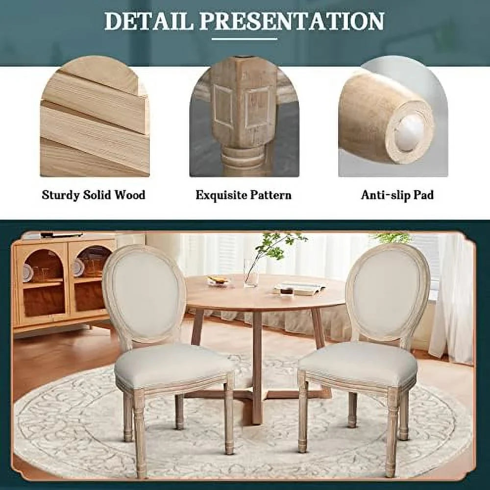 MQLIFEBOOM French Dining Chair Linen Fabric Upholstered Farmhouse Dining Chairs with Oval Backrest Vintage Solid Wood Dining Chairs for Kitchen Restaurant Dining Room