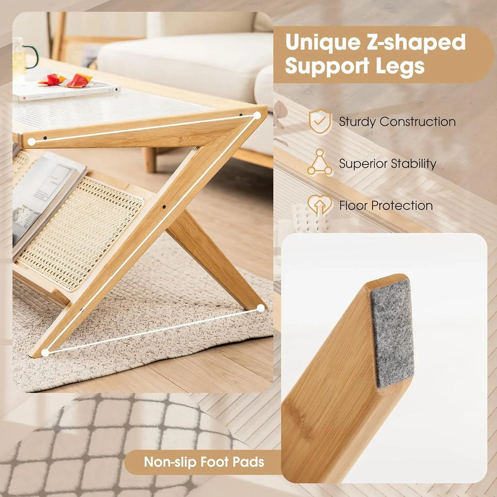 Bamboo Coffee Table, 2-Tier Rectangular Coffee Table with Glass Tabletop, Modern Center Table with Handwoven Rattan Storage Shelf, 48” Tea Table Cocktail Table for Living Room, Office, Natural
