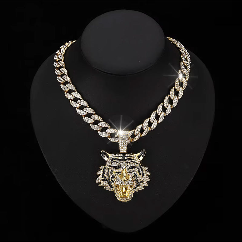 13mm Width Football Pendant Necklace,Hip Hop Green Eyes Tiger Head Pendant Necklace 3D Diamond Gold Zinc Alloy Stainless Steel Religious Zircon