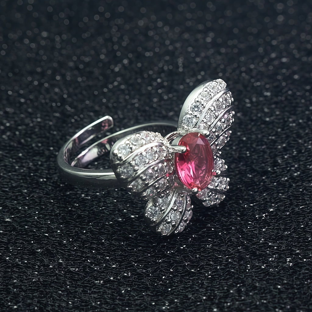Oval  CZ Pave Bow Open Ring For Women, Copper Plated Silver Split Shank Adjustable Cocktail Wedding Statement Jewelry Gift