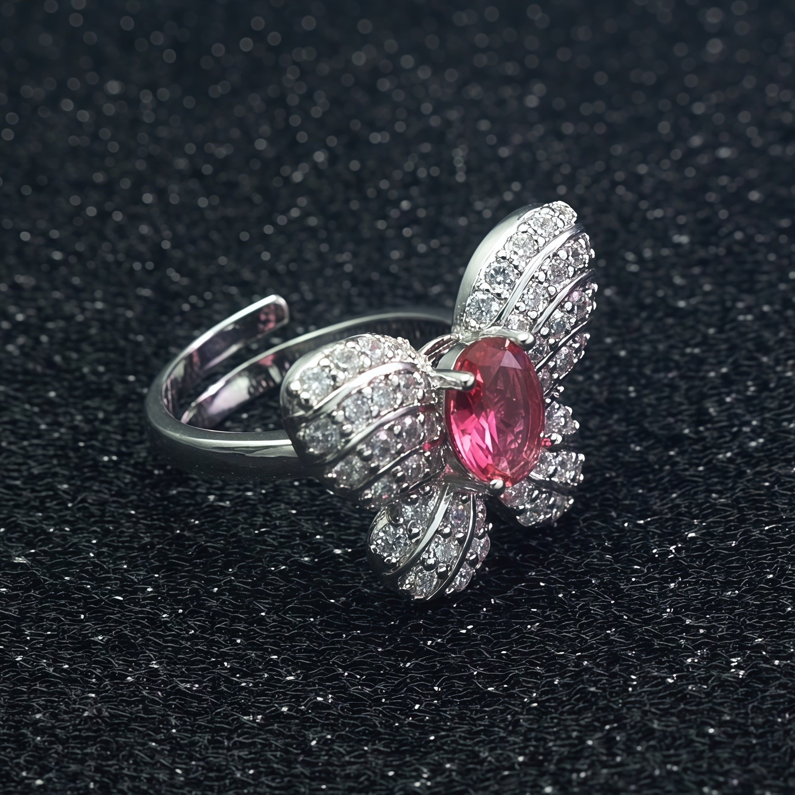 Oval  CZ Pave Bow Open Ring For Women, Copper Plated Silver Split Shank Adjustable Cocktail Wedding Statement Jewelry Gift