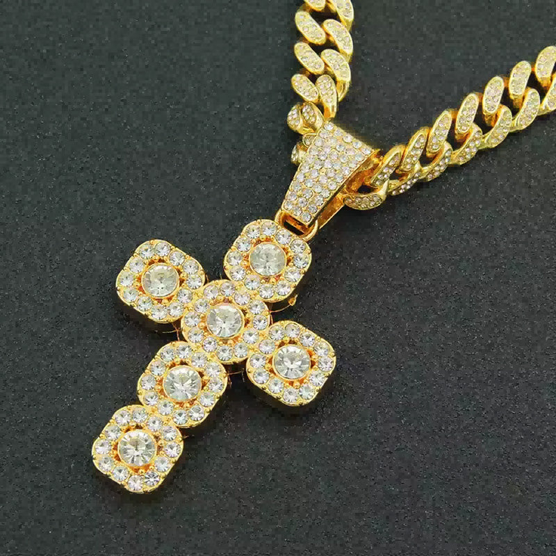 13mm Width Football Pendant Necklace,Full Diamond Cross Pendant Necklace, 3D Diamond Gold Zinc Alloy Stainless Steel Religious Zircon