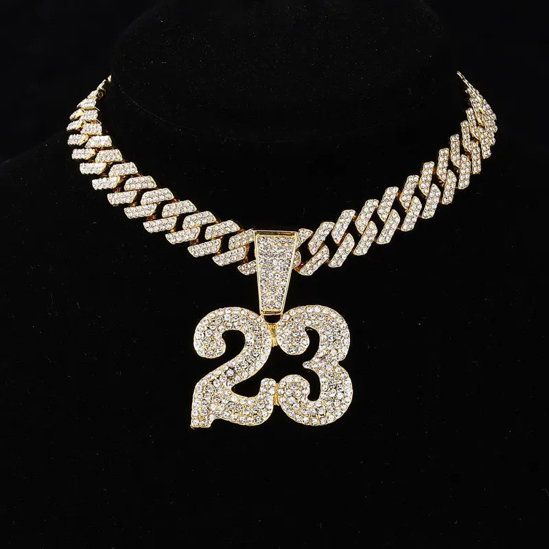 13mm Width Football Pendant Necklace,Number 23 Chain Iced Out Pendant Necklace, 3D Diamond Gold Zinc Alloy Stainless Steel Religious Zircon