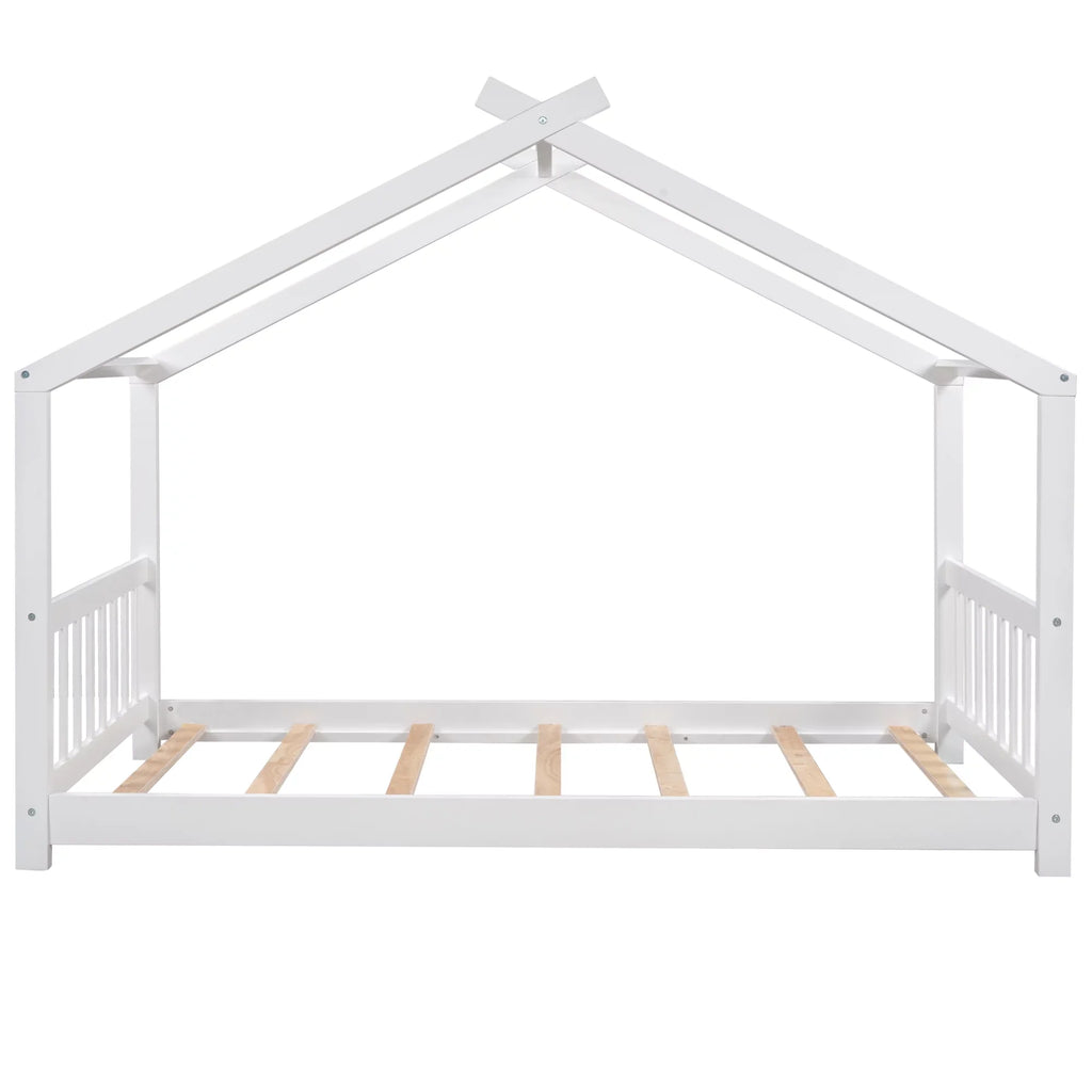 Twin Size White House Platform Bed with Roof Design Headboard and Footboard, Kids Bedroom Furniture