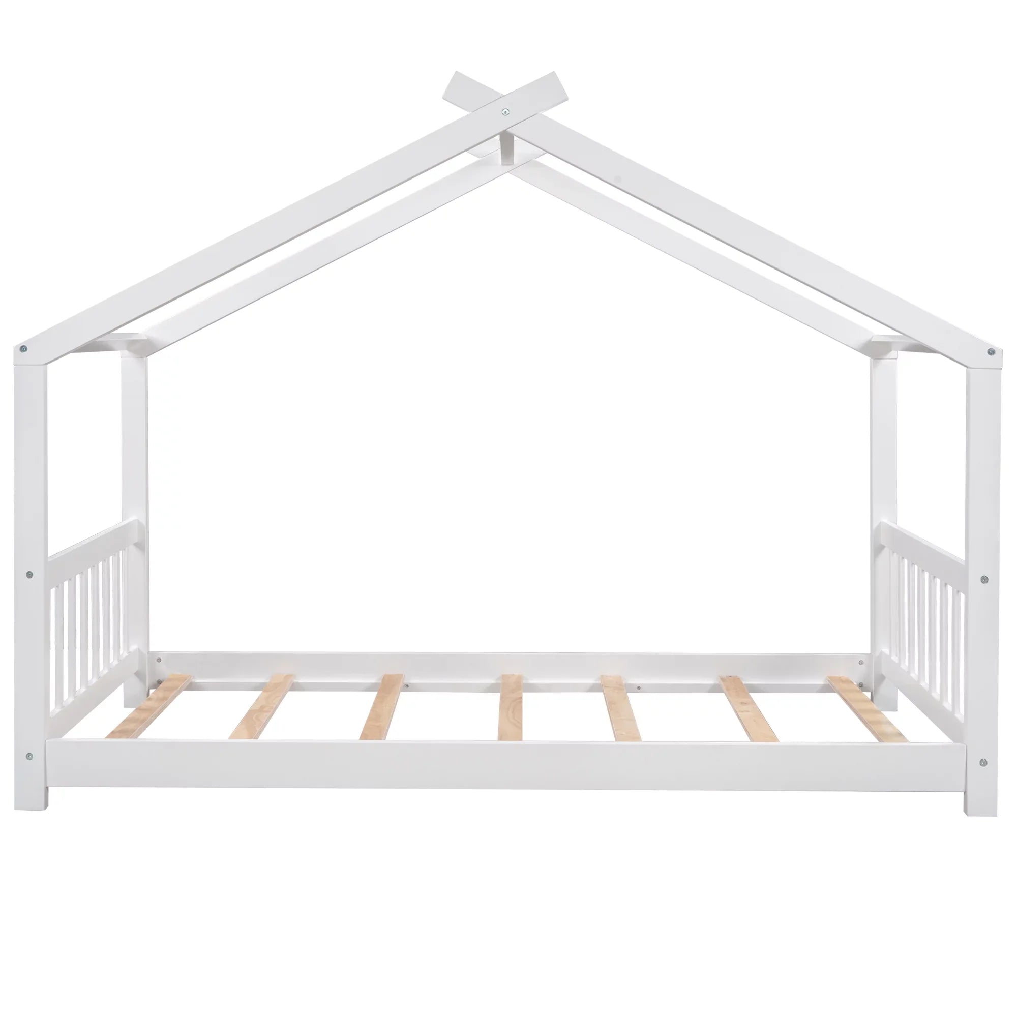 Twin Size White House Platform Bed with Roof Design Headboard and Footboard, Kids Bedroom Furniture