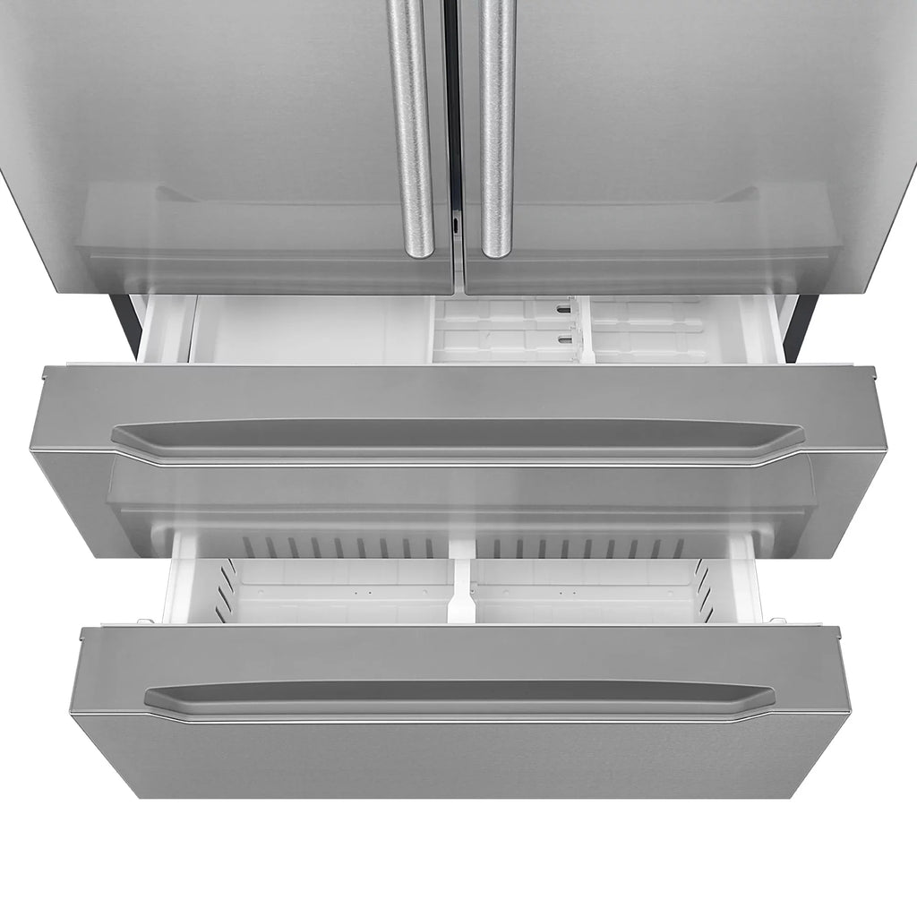 Cosmo 4 Piece Kitchen Appliance Package with 36" Freestanding Gas Range 36" Under Cabinet Range Hood 24" Built-in Integrated Dishwasher & French Door Refrigerator Kitchen Appliance Bundles