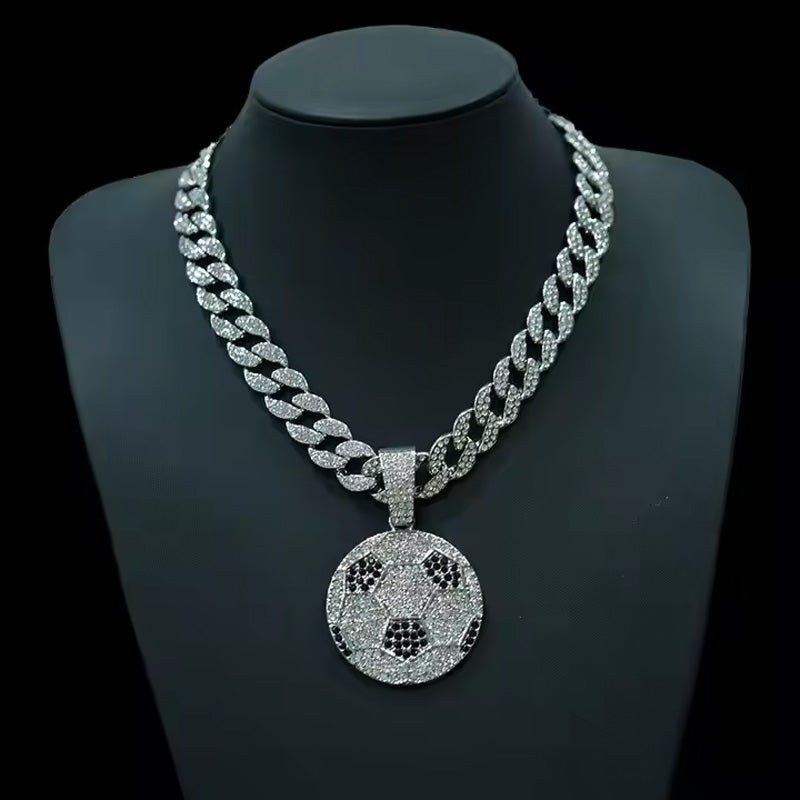 13mm Width Football Pendant Necklace,Cuban Link Chain With Bling Football Charm, Hip Hop Jewelry For Men & Women, Perfect For Sports Fans & Rapper Style