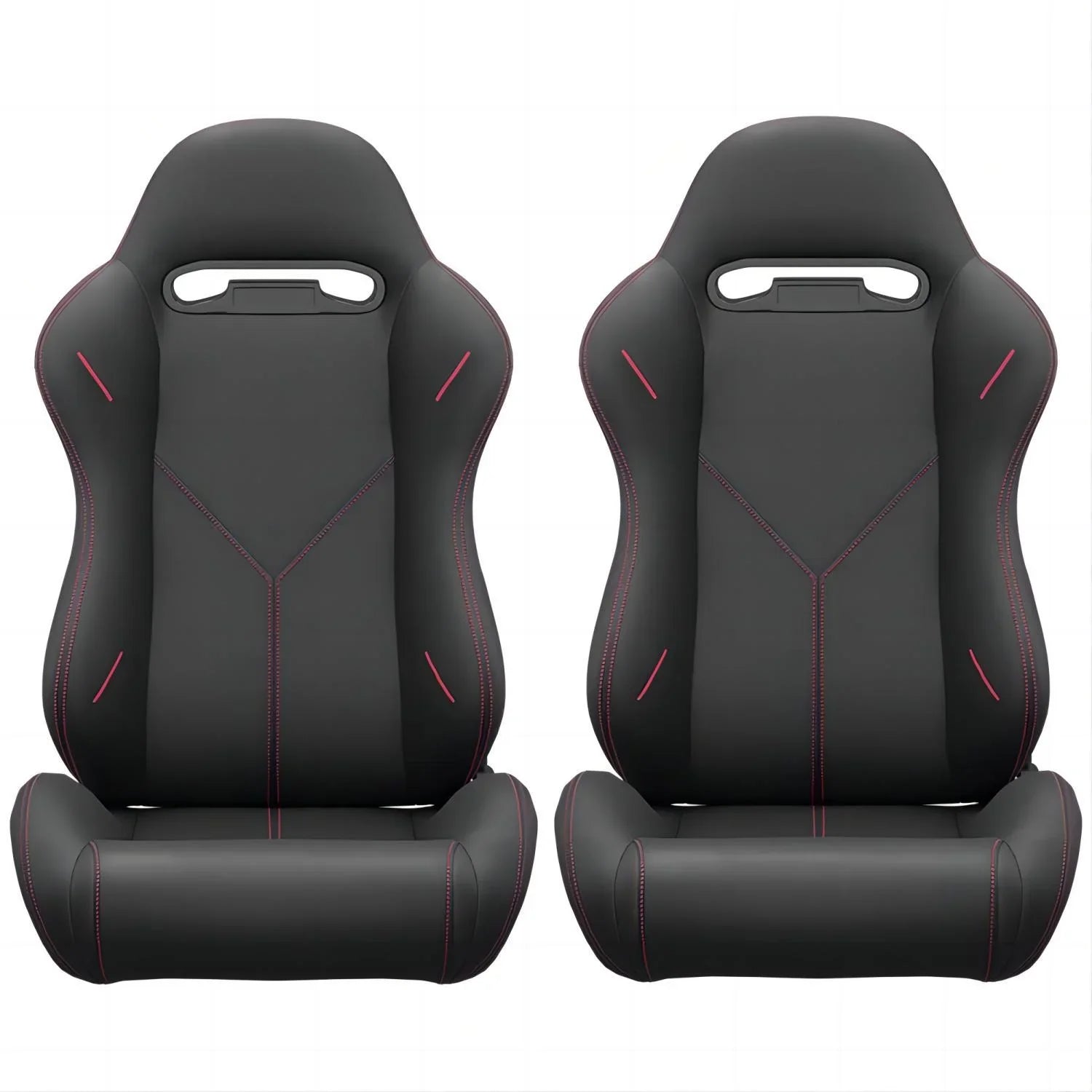 DEALTOPS 2PC Universal Bucket Racing Seats Red Stitch Red PVC Leather Reclinable Carbon Look Leather Back With Adjustor Slider(Not Including Seat Bracket )